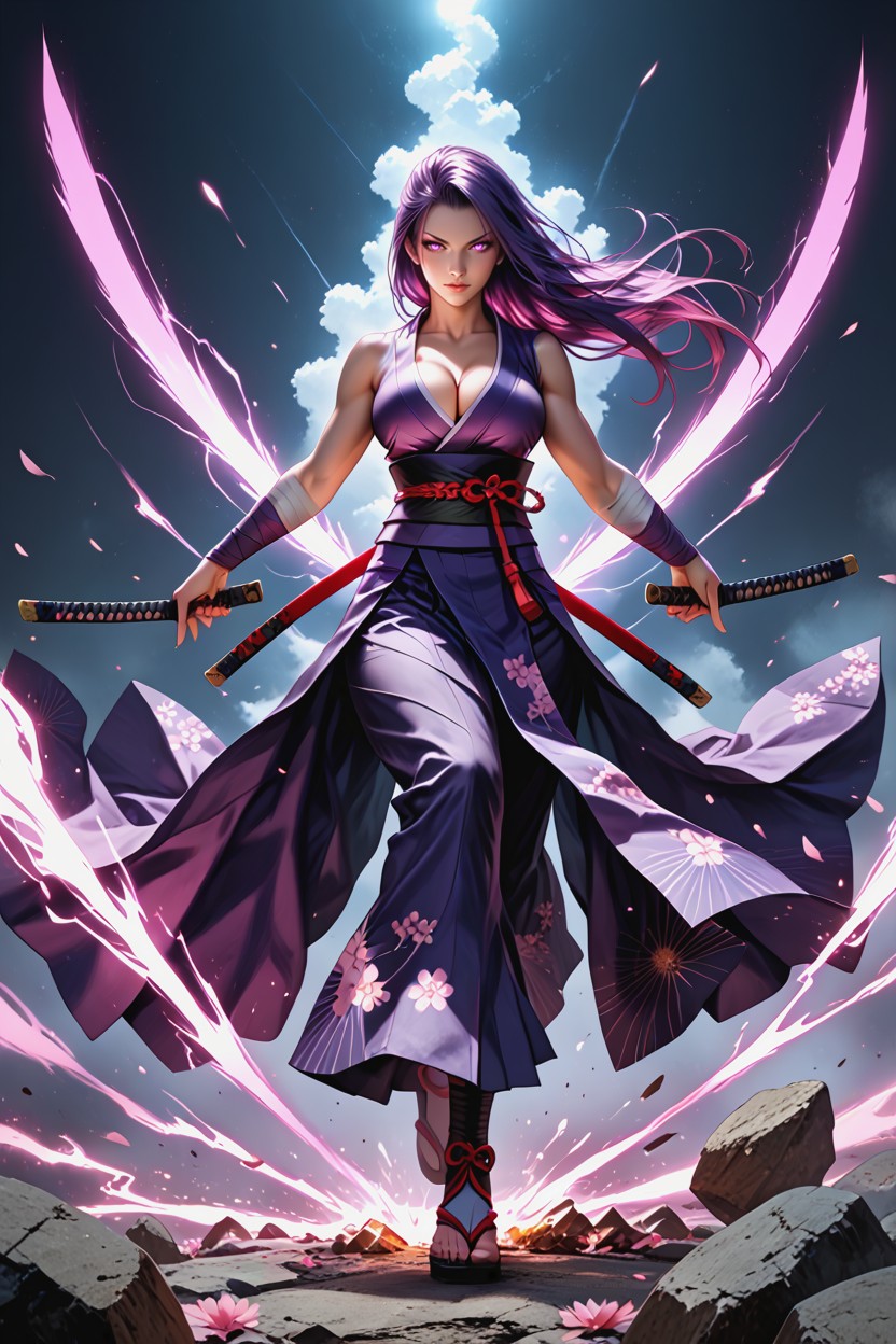 Mid-air Katana Strike, Open Neckline, Soft Shadows Hentai AI Porn
