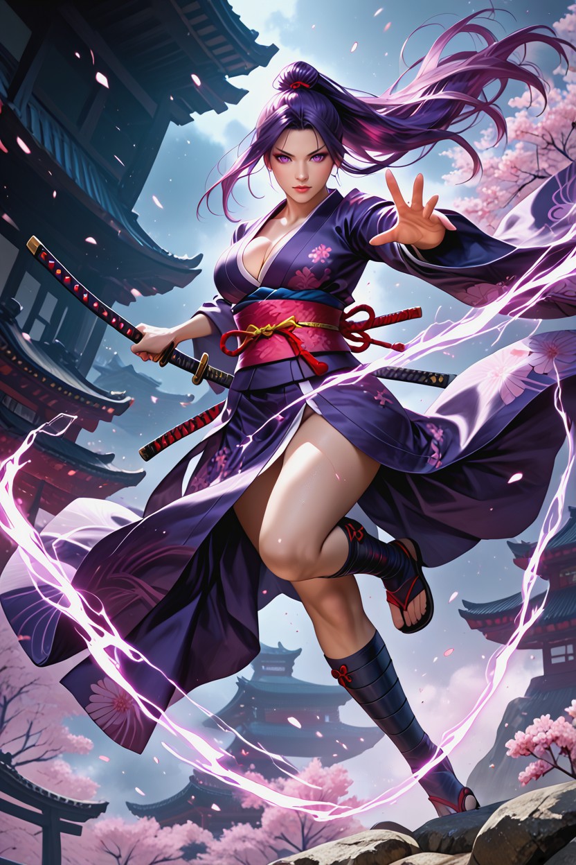 25+, Focused Expression Sexy Samurai Armor, Bare Arms Extreme Dynamic Action Pose Hentai IA