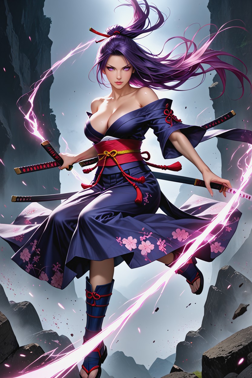 Mid-air Katana Strike, Focused Expression Samurai Armor, Colored Hentai AI Porn