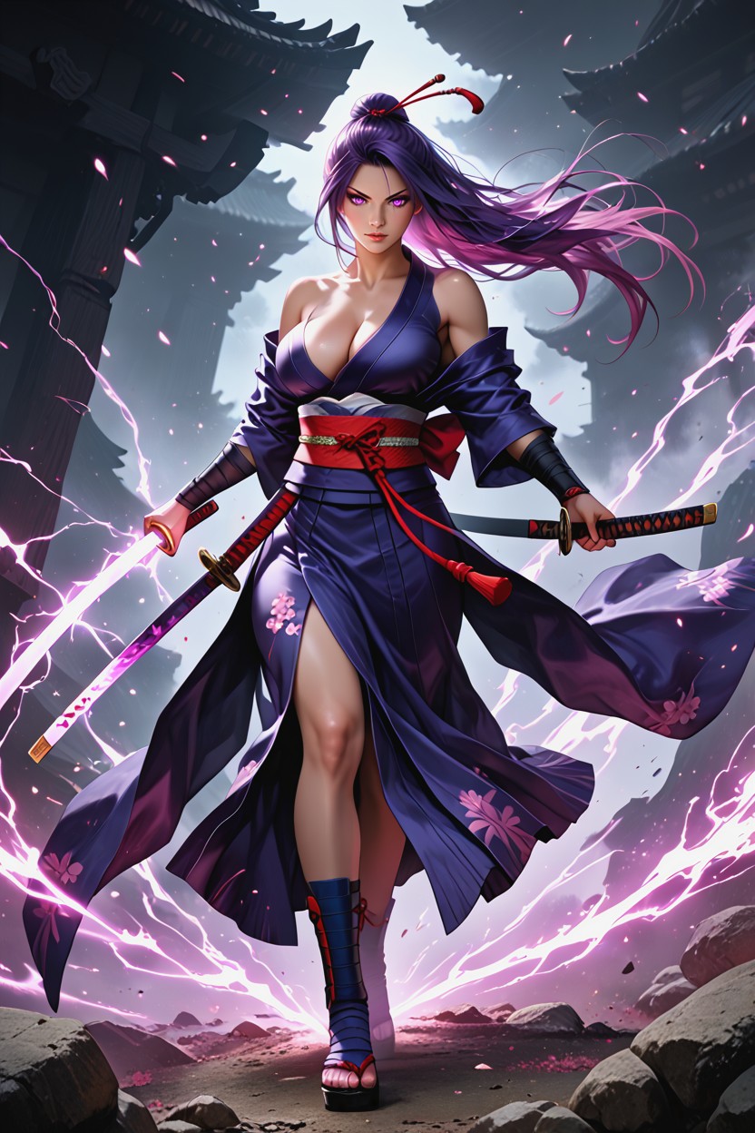 Realistic Proportions, Mid-air Katana Strike, Japanese Samurai Warrior Woman Hentai AI Porn