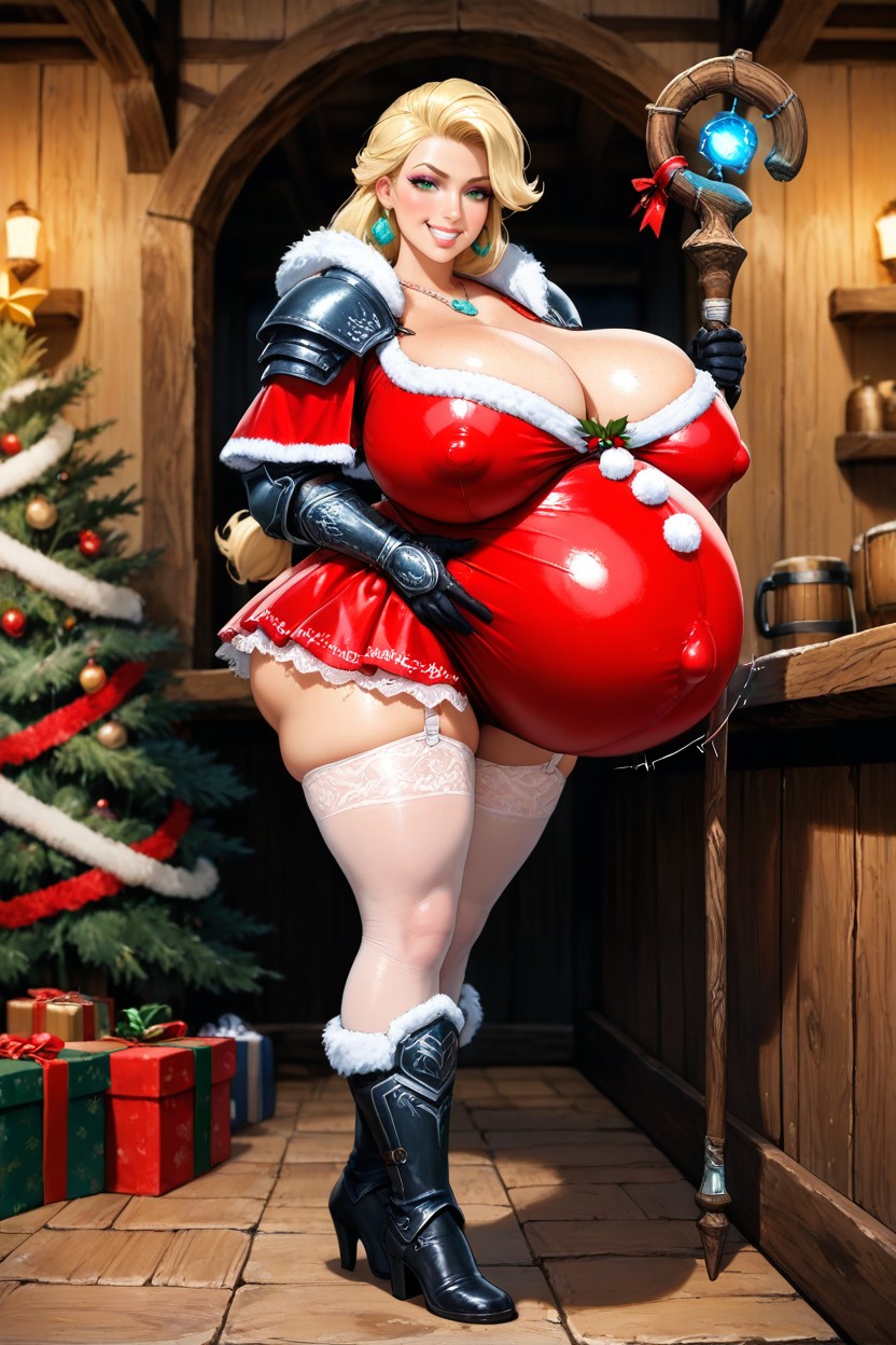Red Slutty Dress, Gigantic Round Belly, Bimbo Hentai AI Porn