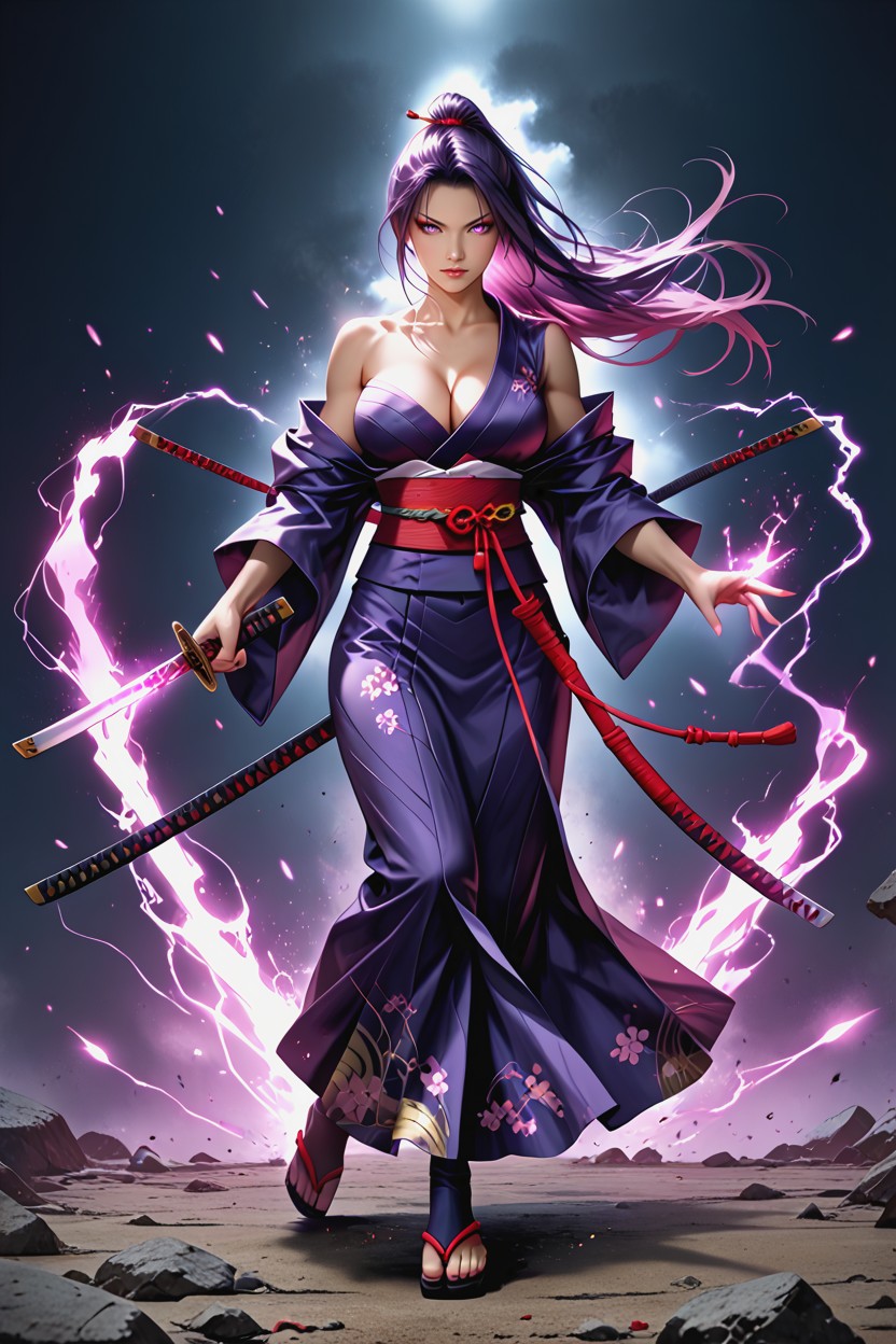 Focused Expression Samurai Armor, Bright Pink-purple Psychic Blade Aura, Pechos Masivos Hentai IA