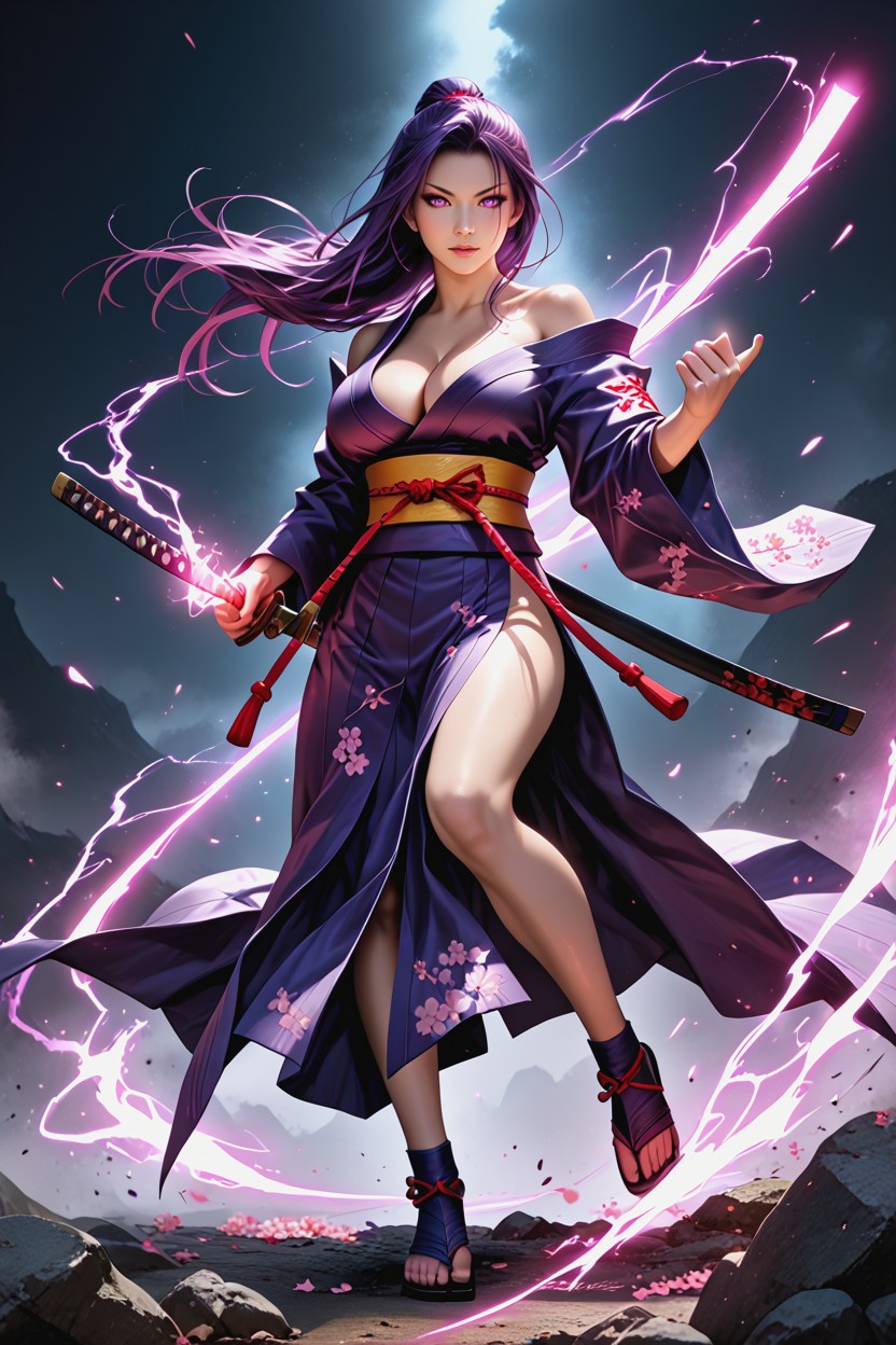 Asian, Bare Arms Extreme Dynamic Action Pose, Strong Sense Of Speed And Impact Katana Glowing With Pink Psionic Energy Hentai AI Porn