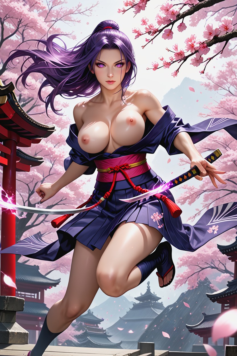 Massive Breast, Bright Pink-purple Psychic Blade Aura, Japanese Samurai Warrior Woman Hentai AI Porn
