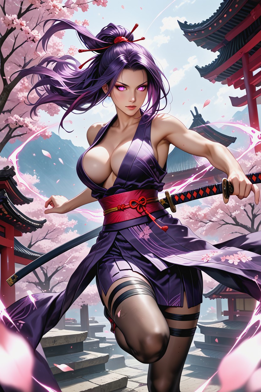 Bare Arms Extreme Dynamic Action, Cherry Blossom Sakura, Bright Pink-purple Psychic Blade Aura Hentai IA