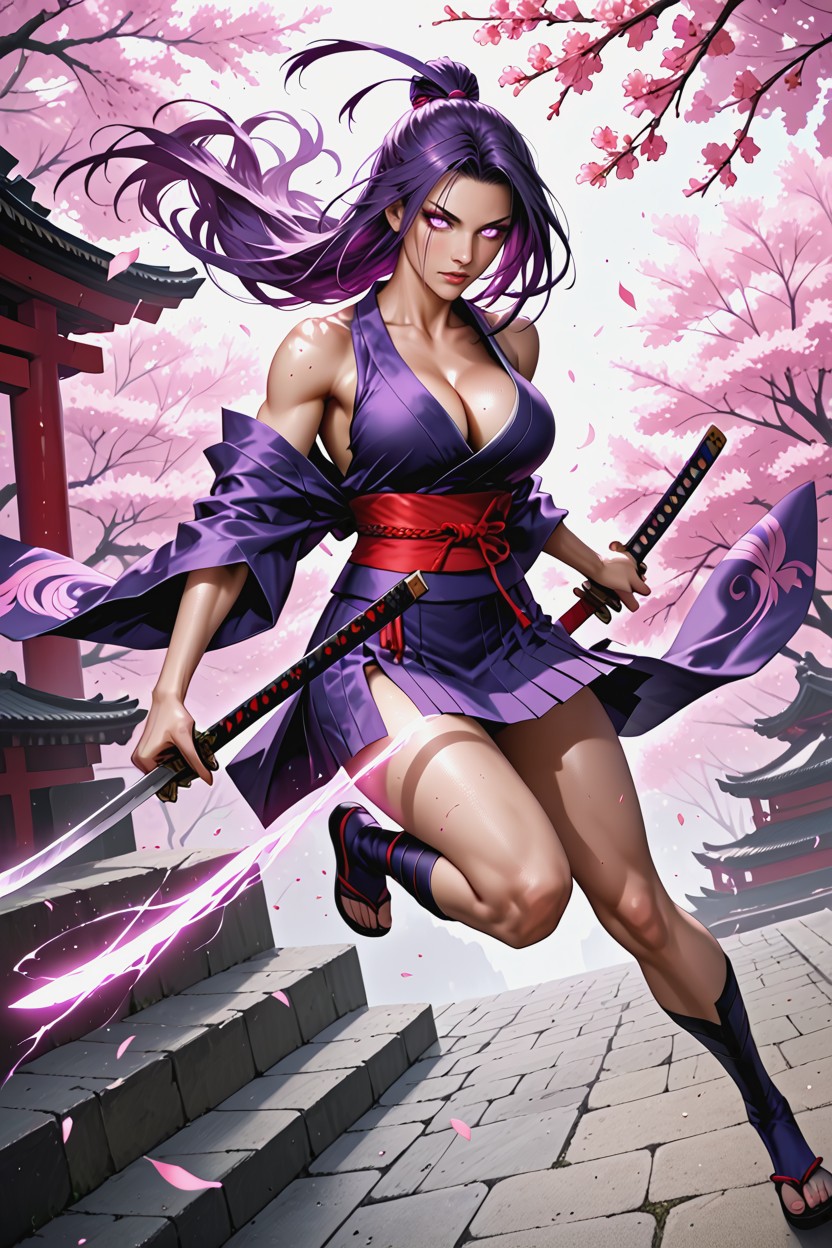 Detailed Eyes, Bright Pink-purple Psychic Blade Aura, Bare Arms Extreme Dynamic Action Hentai AI Porn