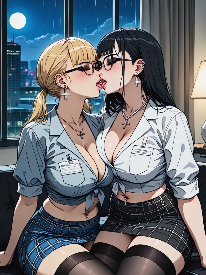 Navel Piercing, Black Eyeshadow, White Front Tied Cropped Office Shirt Hentai IA