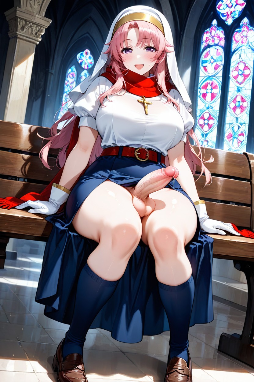 Pretty Futanari Woman, Masturbating Cock, Beautiful Glossy Pink Hair Hentai IA