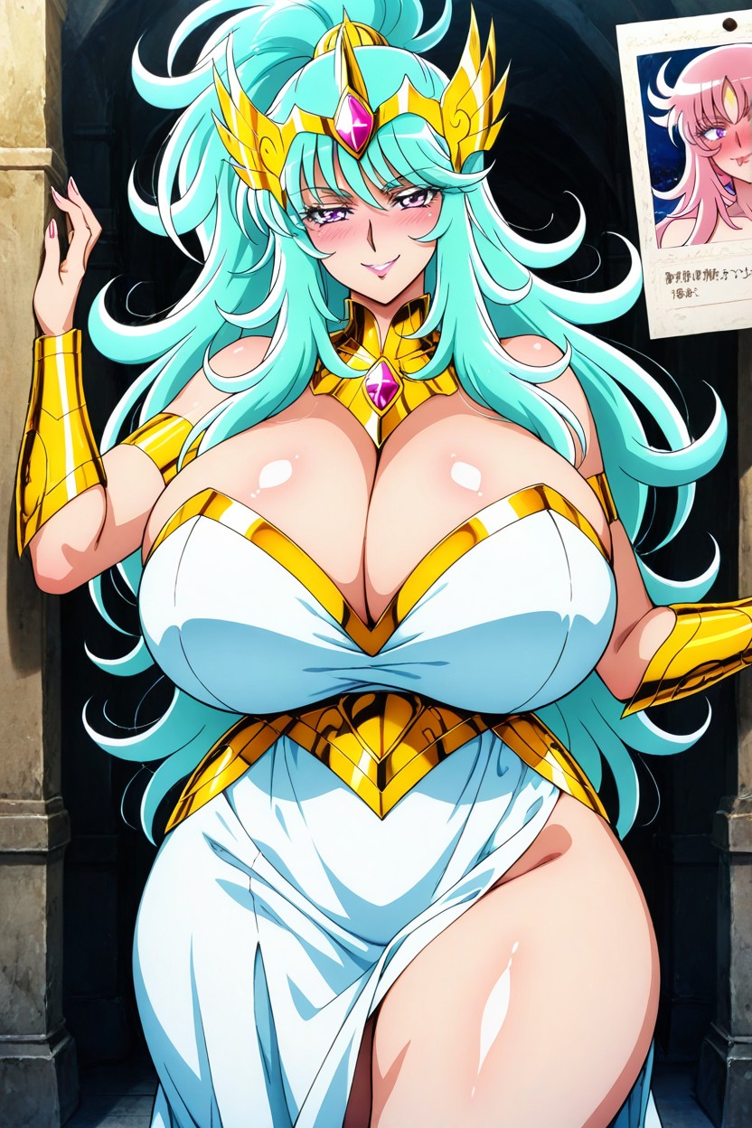 Long Aqua Hair, Thick Hair Volume, Sharp Layered Bangs Hentai AI Porn