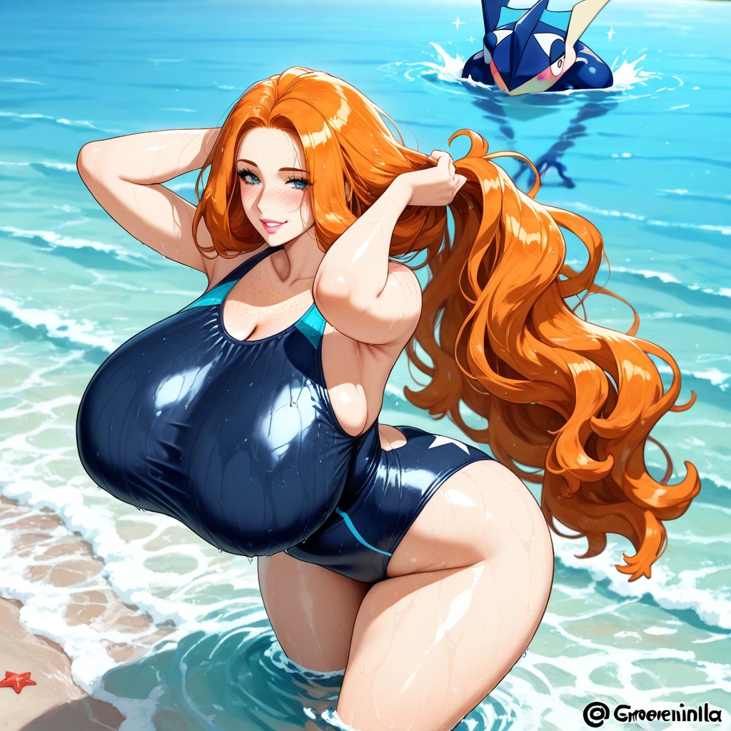 Voluptuous Curves, Plump Arms, Woman Standing At Lake Shore Hentai IA