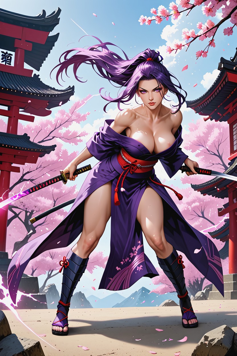 Bright Pink-purple Psychic Blade Aura, Bouncing Breasts, Focused Expression Samurai Armor Hentai IA