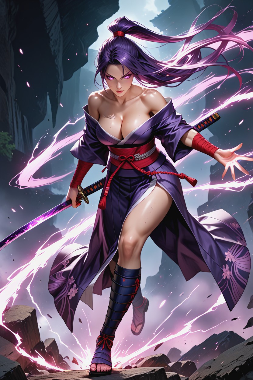 Long Dark Purple Hair, Focused Expression Sexy Samurai Armor, And Energy Particles Flying Hentai IA