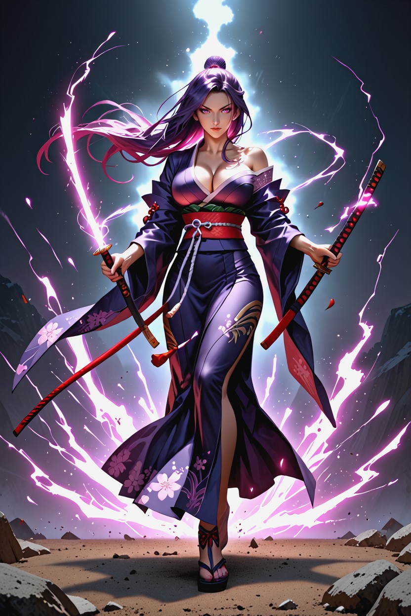 Athletic And Curvy Female Body, Leaping Forward While Delivering A Powerful Diagonal Slash, Long Dark Purple Hair Hentai IA