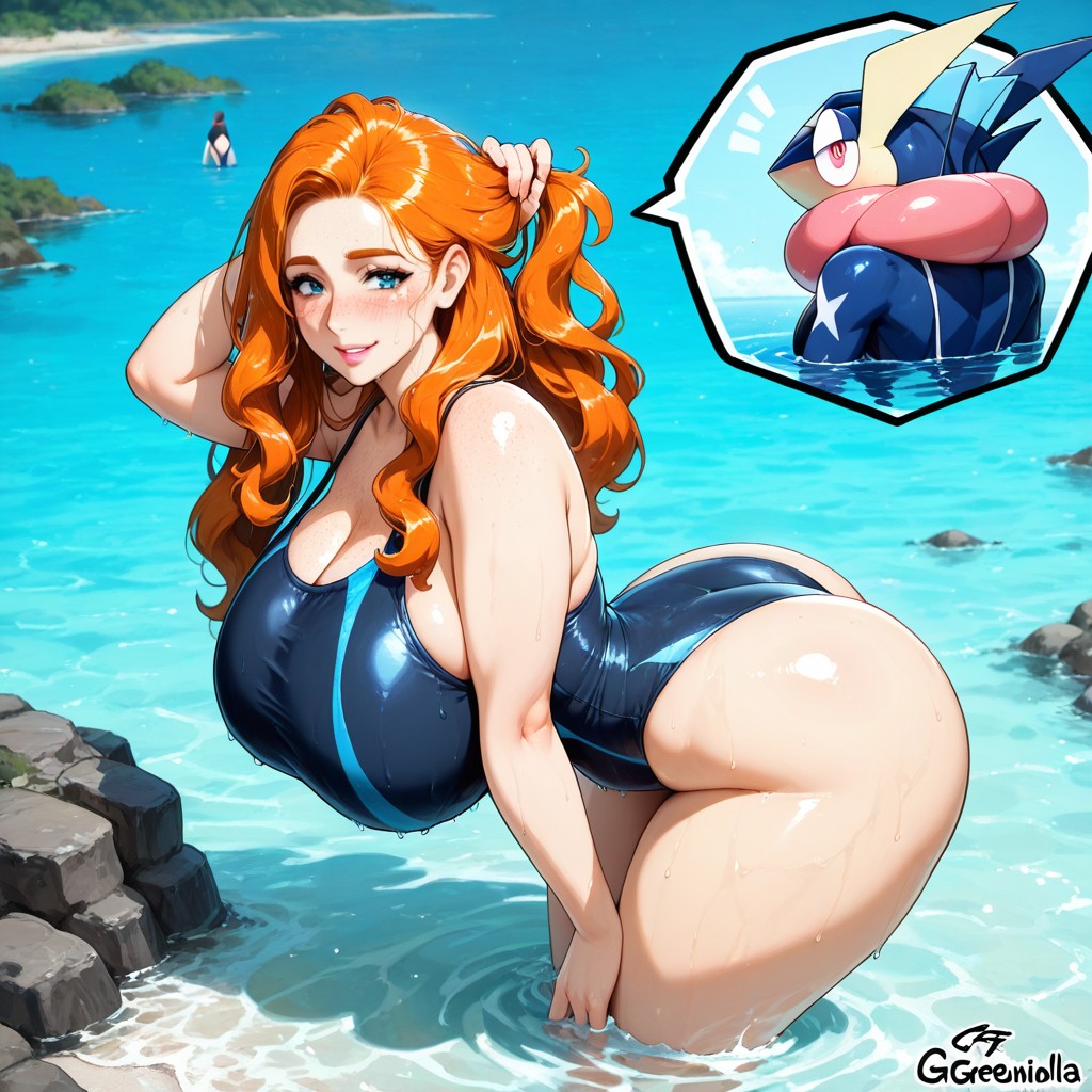 Long Ginger Hair, Vista Trasera, Curvy Woman Hentai IA