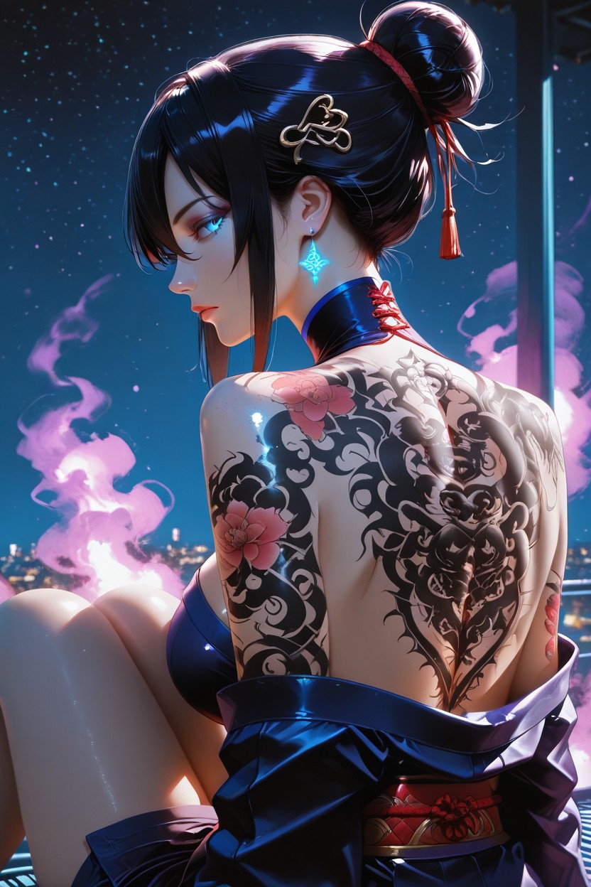Holding Kunari, Back Tattoo, Deep Blue And Burgundy Tones Hentai IA