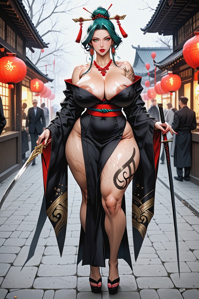Hair Bun, Navel Piercing, 30+ Hentai IA