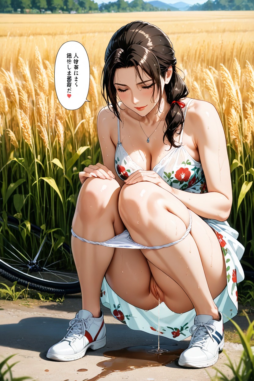 Urine Flows Down, Constipated Squat, Red Ribbon In Hairs Hentai IA