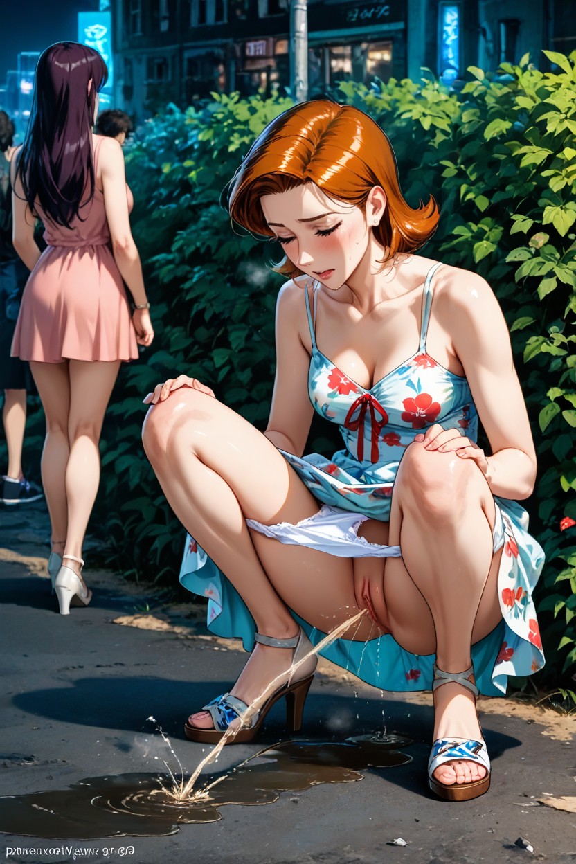 Puddle, Very Close To Bush, Urine Flows Down Hentai AI Porn