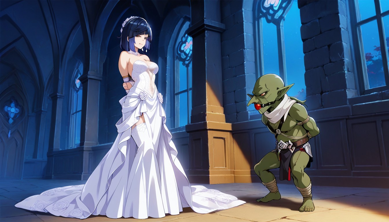 Bald Goblin, Female White Scarf Gag, Front View Hentai IA