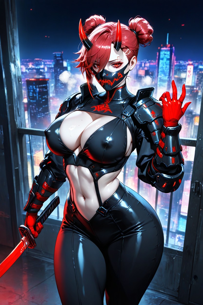 Night City View, Samurái, Blushing Cheeks Hentai IA