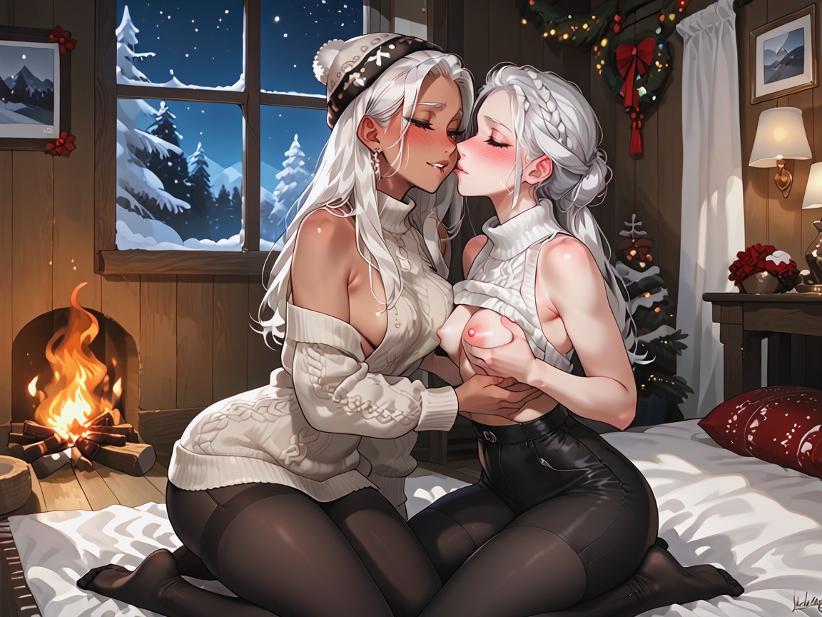 Hands Out By Fire, One Boob Revealed, White Hair Hentai IA