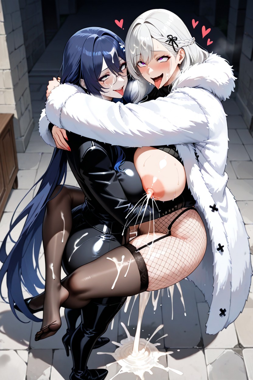 Female X Futa, Extreemly Cum Covered Tits, Lactation Hentai AI Porn