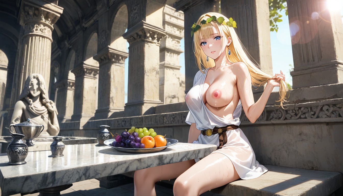 Bottom Up, White Sleeveless Collarless Draped Shoulder Slung Transparent Roman Tunic, Leaves Wreath On Head Hentai AI Porn