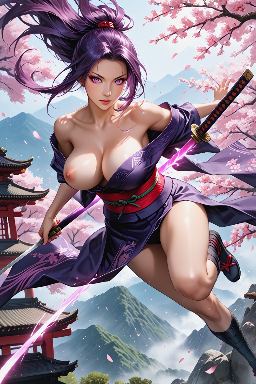 Natural Lighting, Pink Flower Petals Flying Natural Anatomy, Long Dark Purple Hair Hentai AI Porn