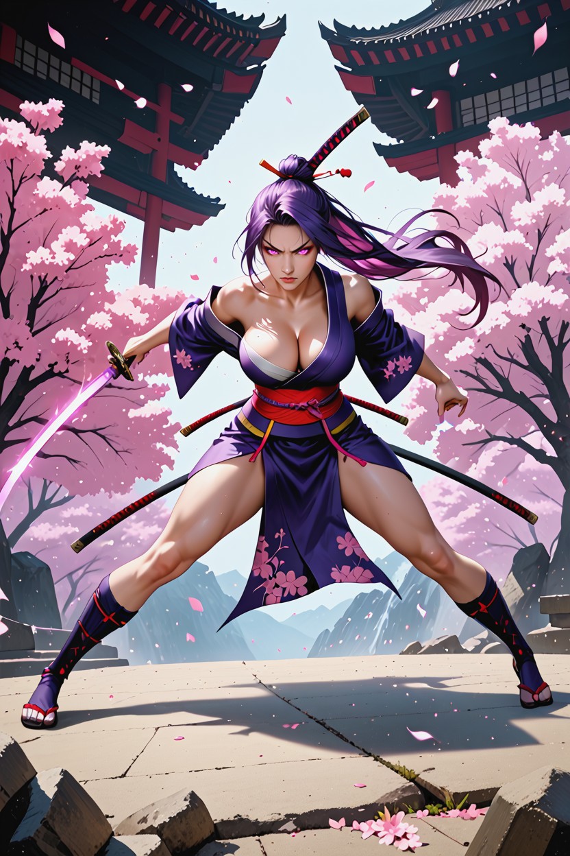 Cherry Blossom Sakura, Bare Arms Extreme Dynamic Action, Leaping Forward While Delivering A Powerful Diagonal Slash Hentai IA