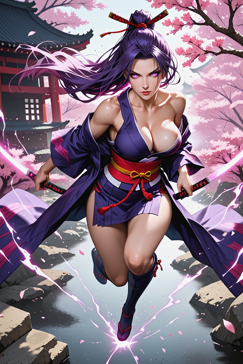Katana Strike, Body Fully Twisted In Motion Katana Glowing With Pink Psionic Energy, Focused Expression Samurai Armor Hentai AI Porn