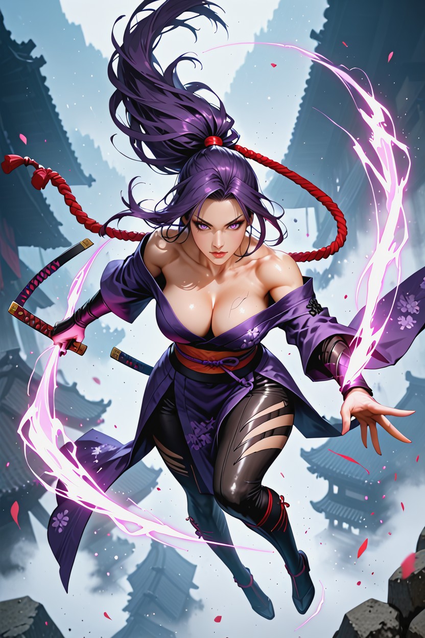 Long Dark Purple Hair Flowing In The Air, Skinny, Heroic Presence Hentai AI Porn