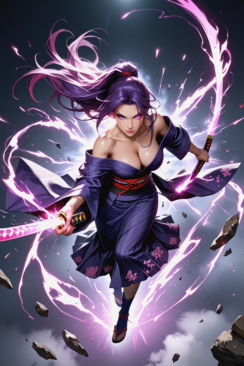 Epic Comic Book Realism Natural Anatomy, Open Neckline, Intense Violet Eyes Hentai AI Porn