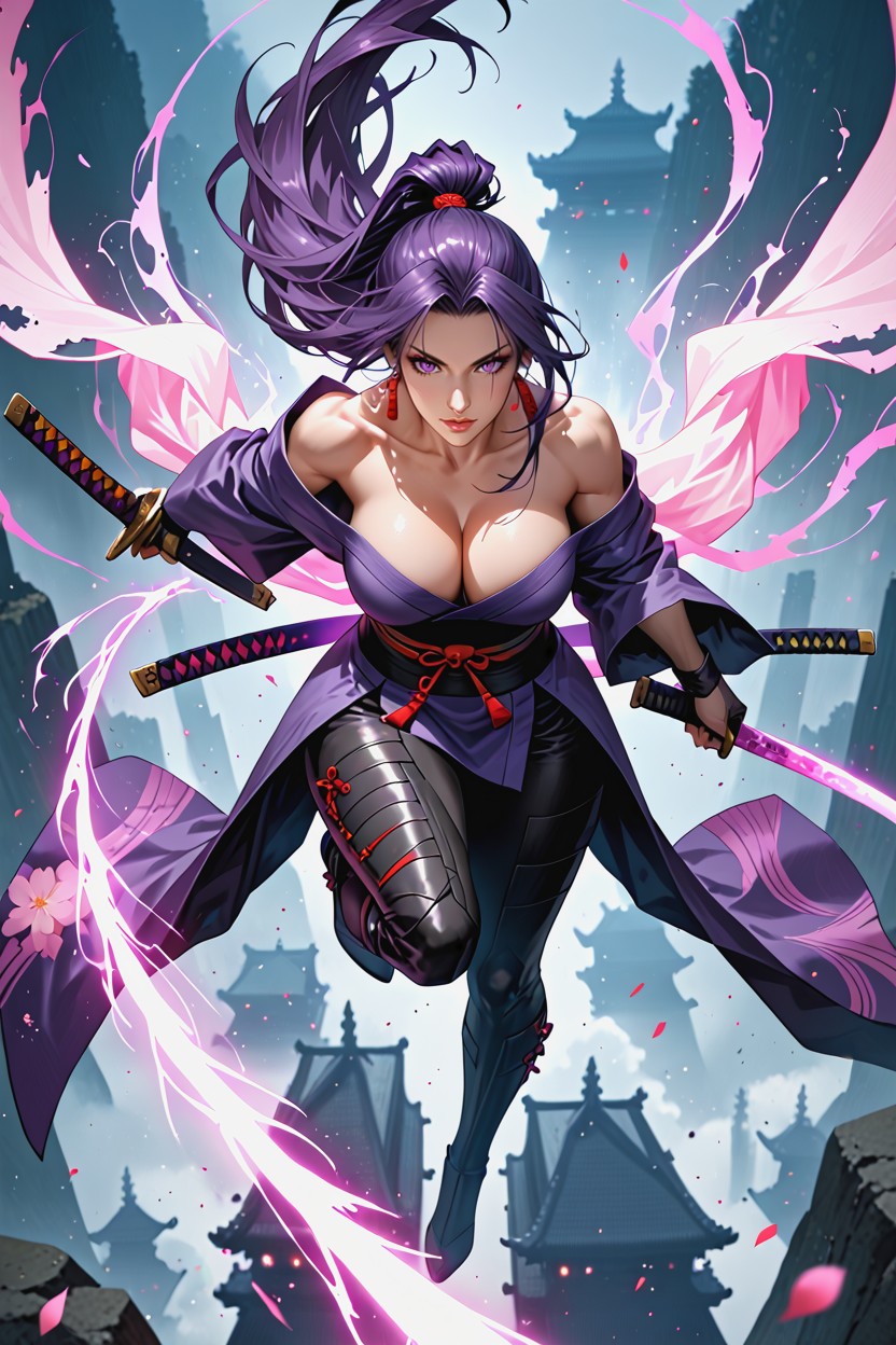 Long Dark Purple Hair Flowing In The Air, Focused Expression, Motion Blur On The Katana Arc Hentai AI Porn