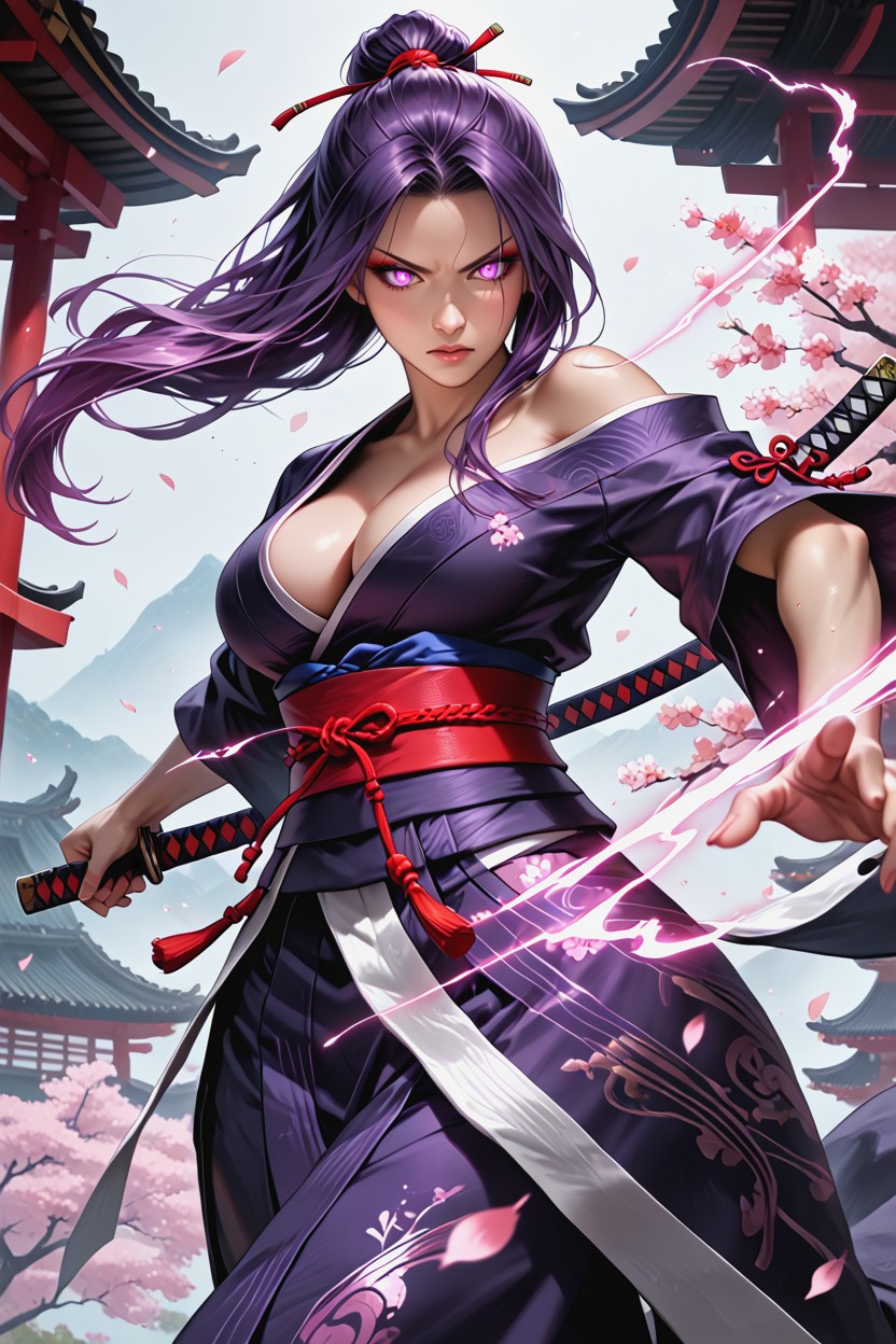 Focused Expression Samurai Armor, Bright Pink-purple Psychic Blade Aura, Bare Arms Extreme Dynamic Action Hentai IA