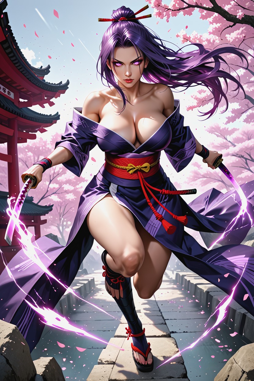25+, Immersive Environment, Pink Energy Trails Exploding From The Sword Swing Background Black Silhouette Of A Japanese Temple Hentai IA