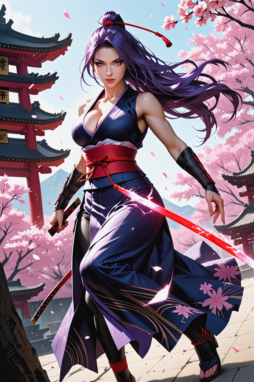 Bright Pink-purple Psychic Blade Aura, Energy Particles Flying, Focused Expression Samurai Armor Hentai IA