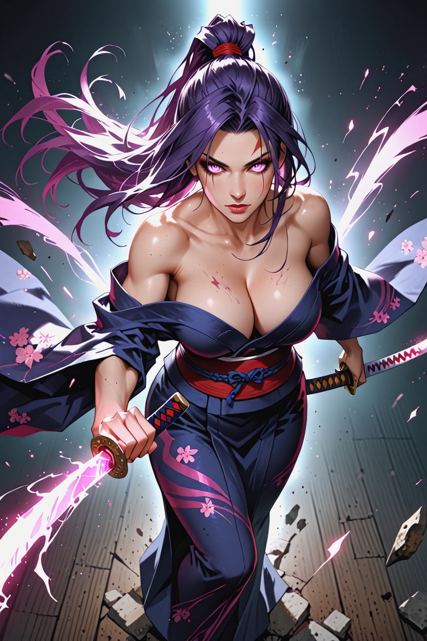 Bare Arms Extreme Dynamic Action Pose, Focused Expression Sexy Samurai Armor, Pechos Masivos Hentai IA