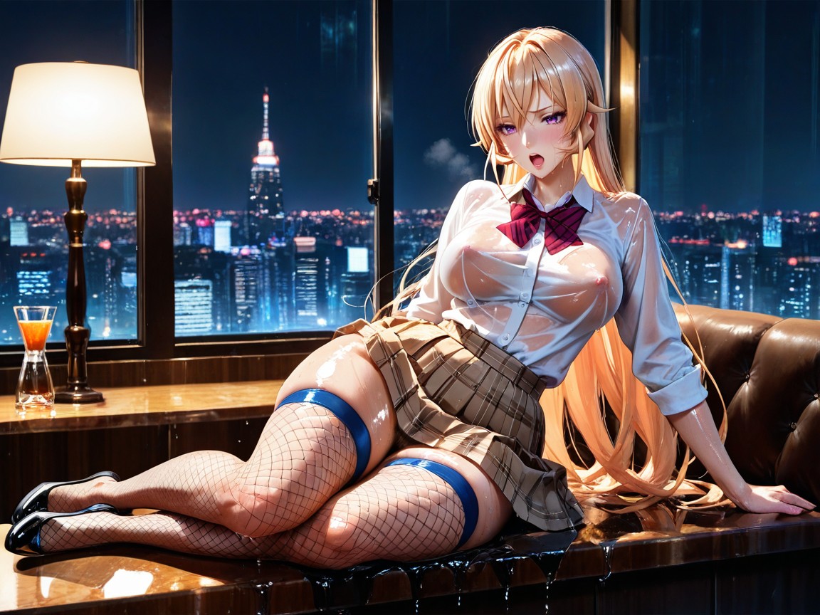 Erect Nipples, Full Body Side View, Tan Plaid Pleated Uniform Skirt Hentai IA