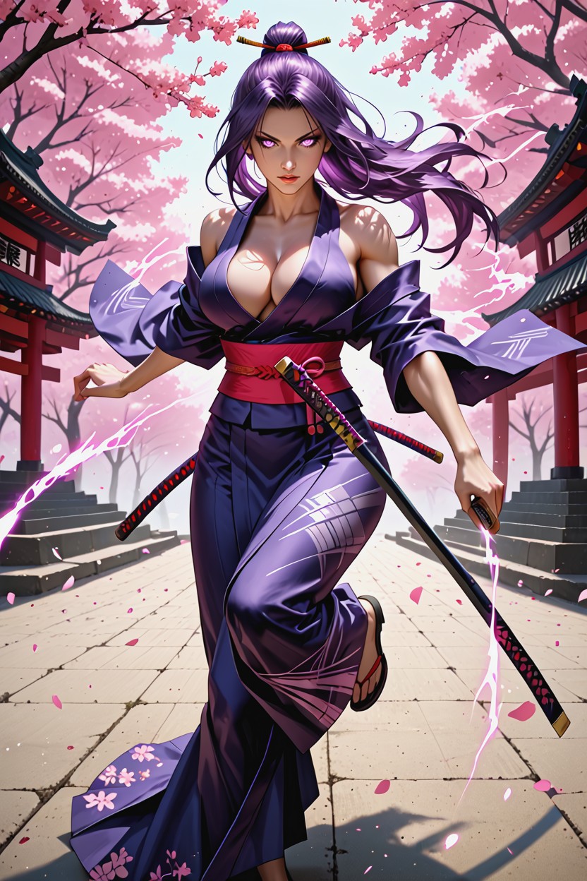 Dynamic Pose, Bright Pink-purple Psychic Blade Aura, Soft Shadows Hentai IA