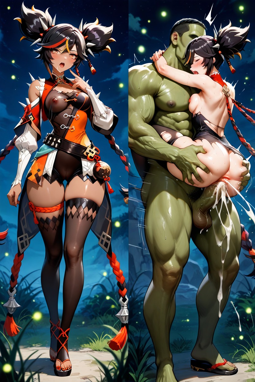 Night Garden Grass Flowers Stones Fireflies Setting, All Face Is Masterfully Smooth And Refine, Spherical And Bouncing Breast Hentai IA