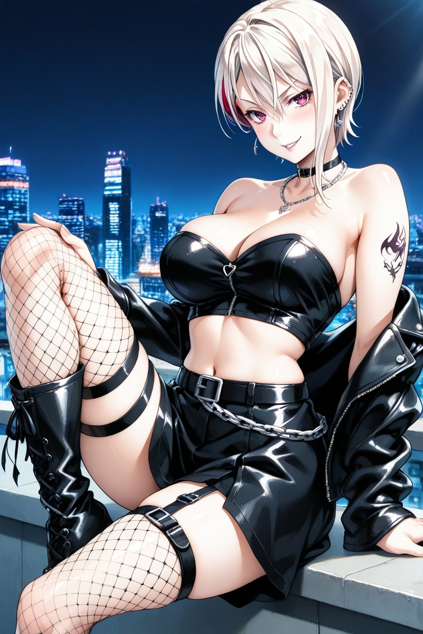 Black Leather Jacket Half Worn Off Shoulders, Metal Buckle Belt, Metallic Fashion Hentai IA