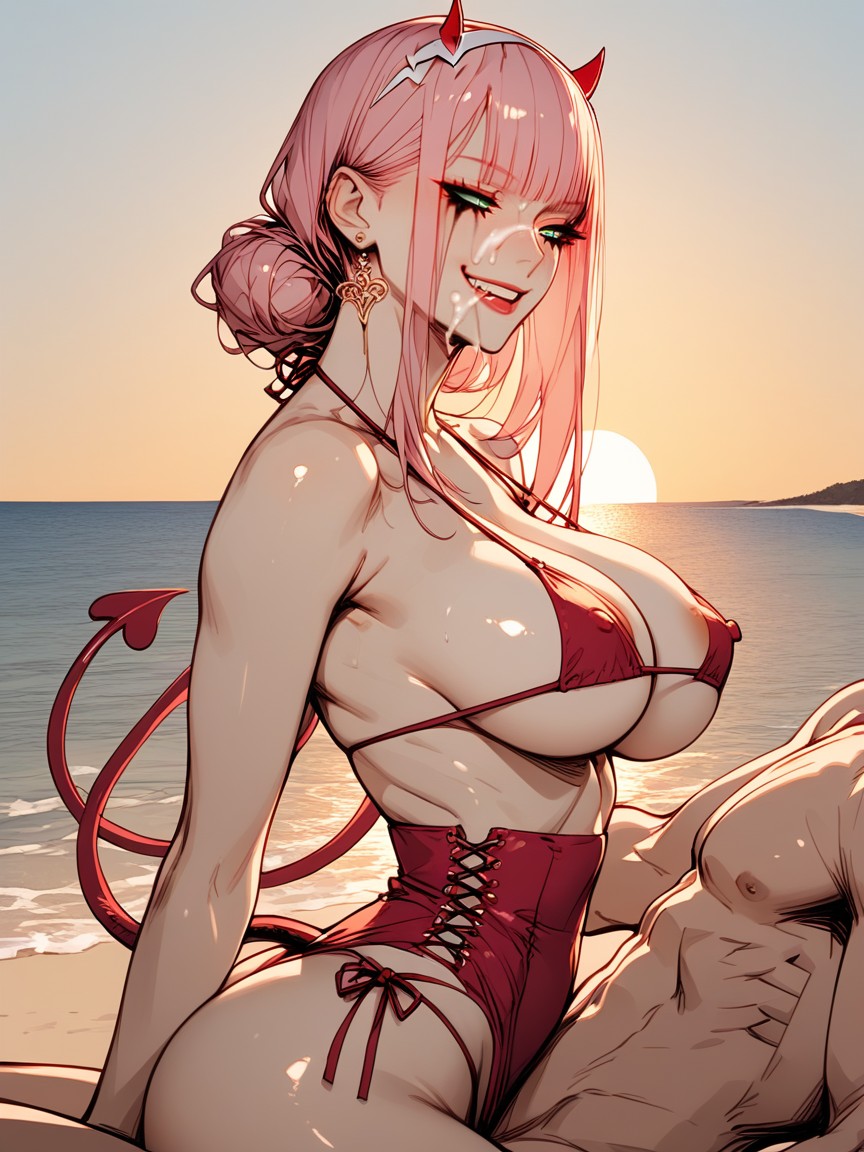 Agarrándose Las Tetas, Playa, Cum Dripping Down Face Hentai IA