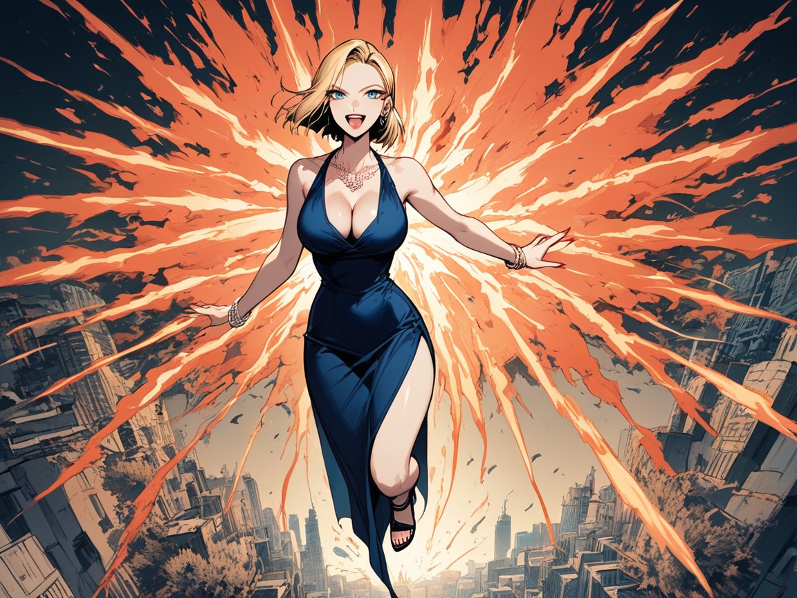 High Resolution, City Behind Her Exploding, Female Is Laughing Hentai IA