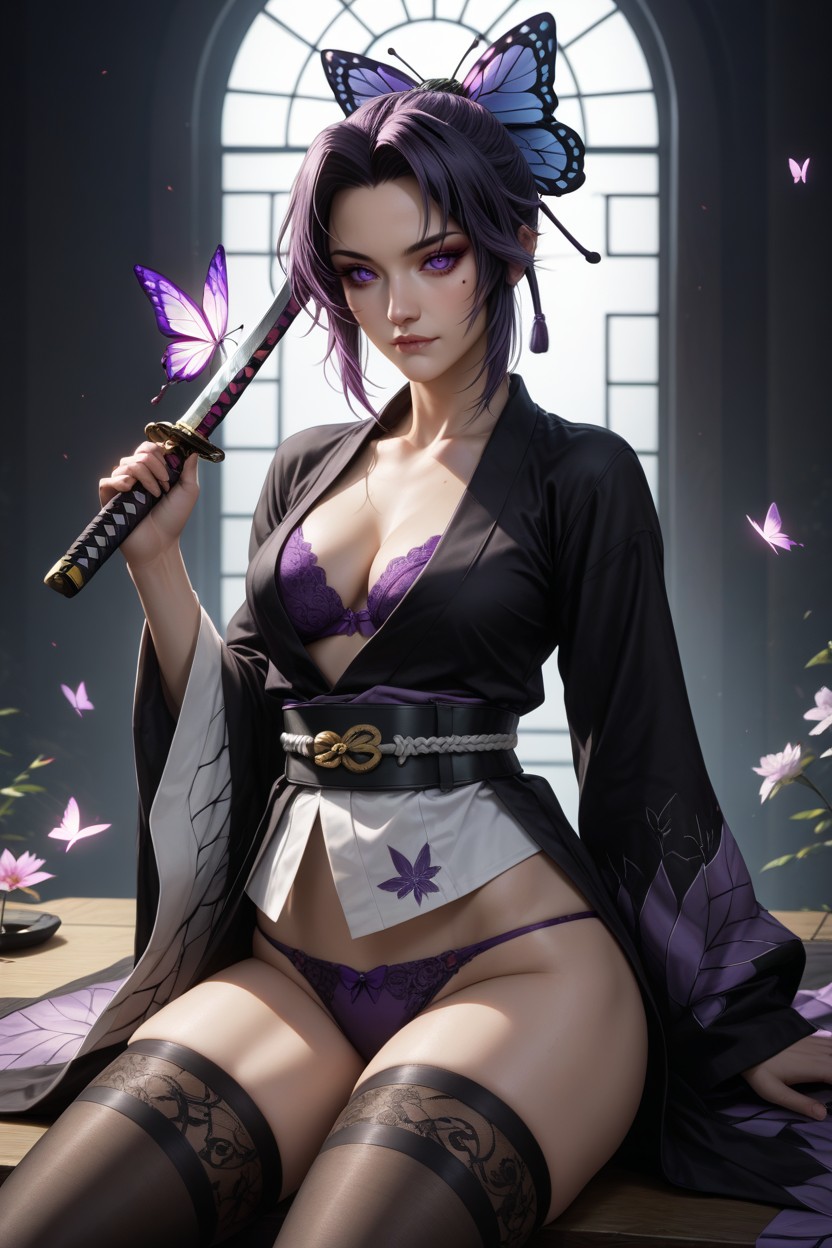 Purple_hair, Cleavage, Holding_sword Hentai AI Porn