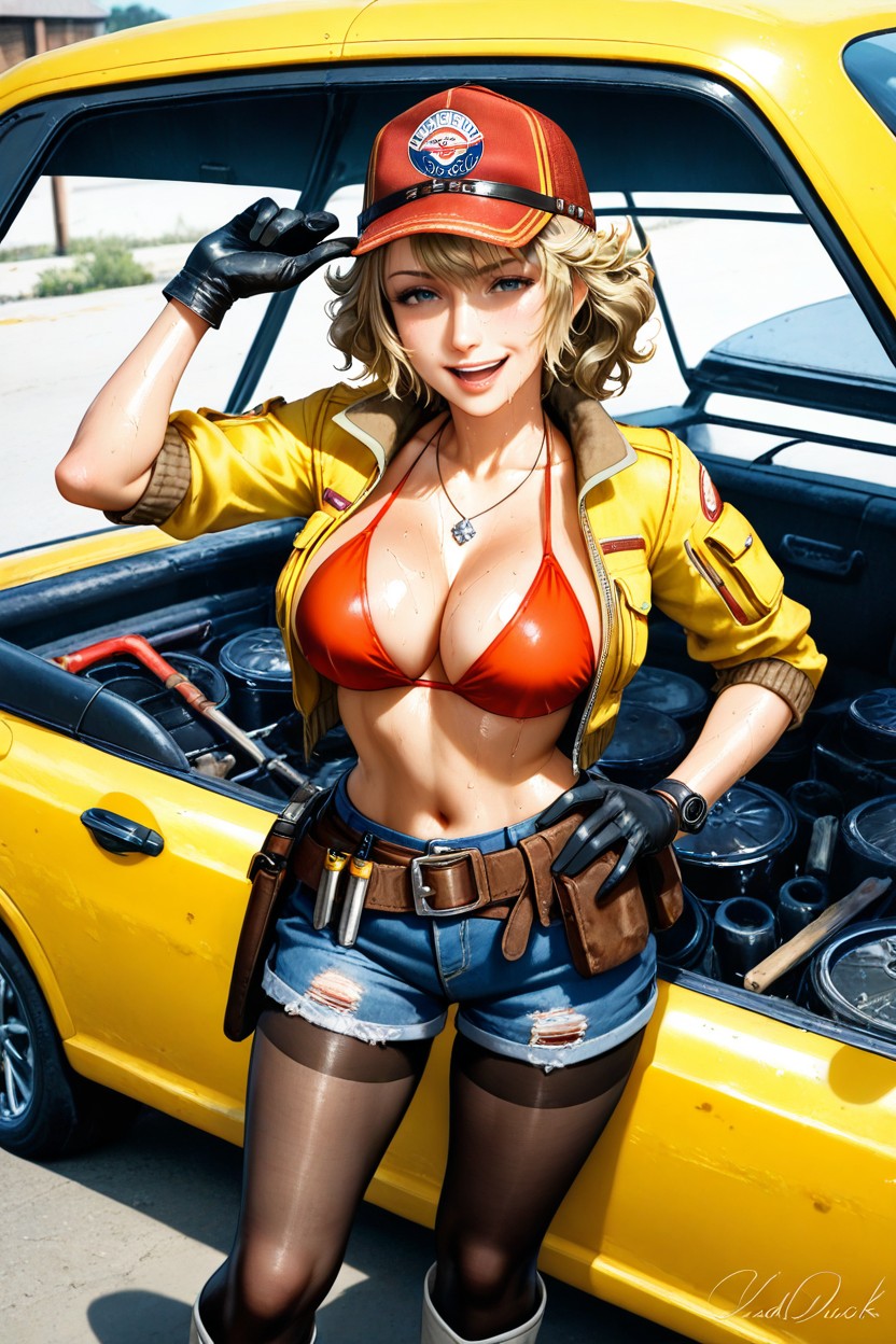 Yellow Cropped Mechanic Jacket, Hard Shadow, Looking At Viewer Hentai AI Porn