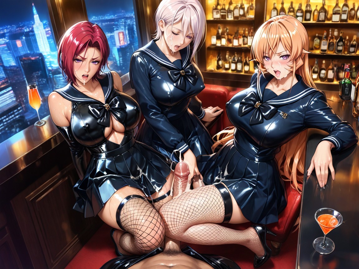 In Heat, Luxurious Hotel Bar Counter And Shelves, Three People Visible Hentai IA