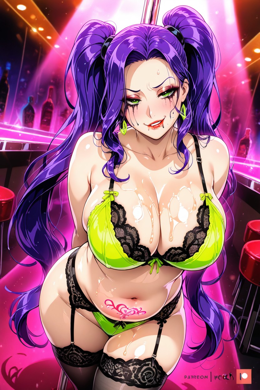 Green Eyes, Neon Lime Green Lace Bra, Crotch Tattoo ヘンタイAIポルノ