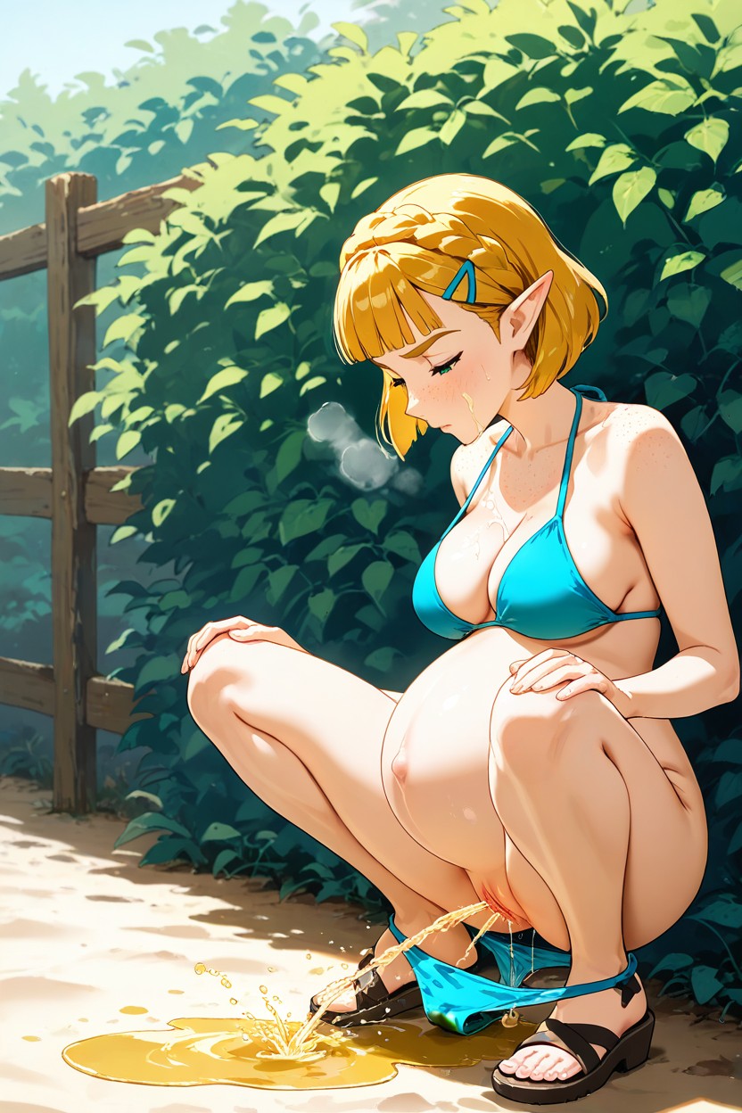 Gets Up From A Squatting Position, Sandals, Beach Party Hentai AI Porn