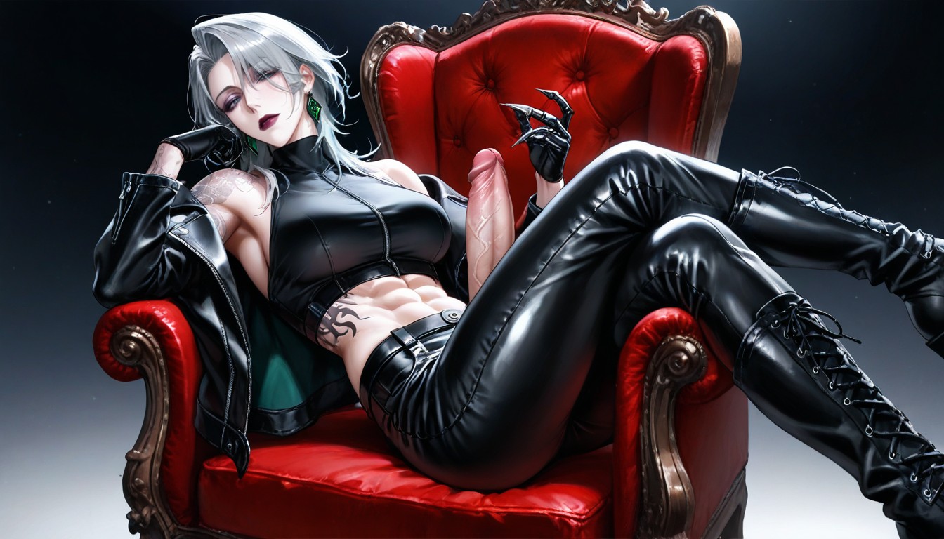 Sitting In A Classic Chair, Purple Glans, Tattoo Hentai AI Porn