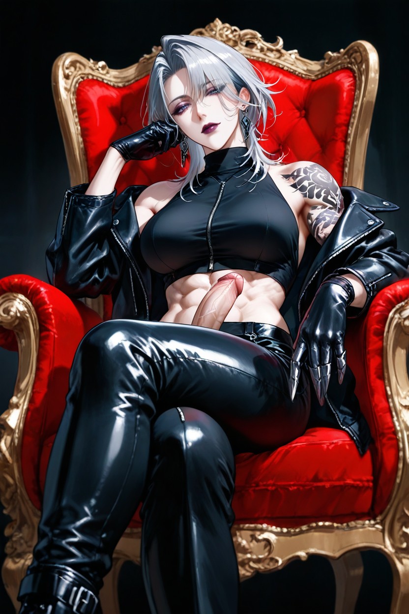 Tilt Head Back, Muscle, Black Side-zip Tight Leather Pants With Outer Leg Opening Hentai AI Porn